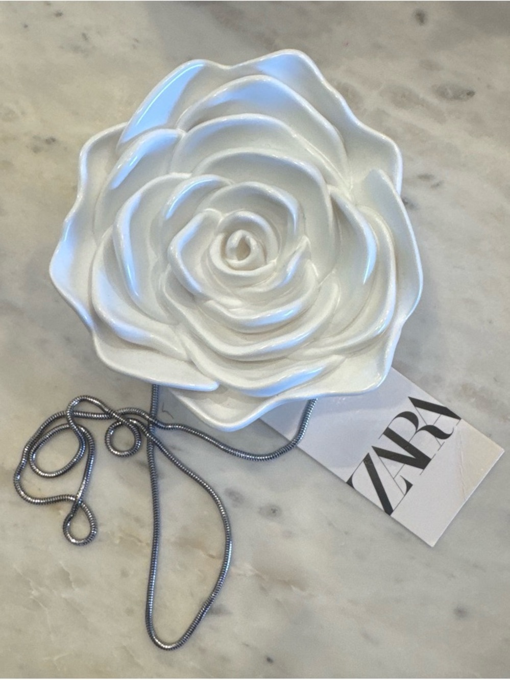 Zara White Floral Rose Shoulder Bag with Silver Chain